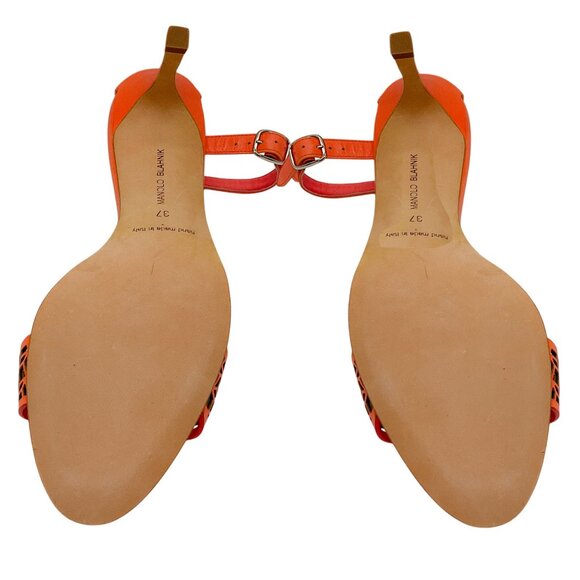 Manolo Blahnik Coral Pink Lasercut Leather Ankle Strap Sandals - Picture 7 of 7